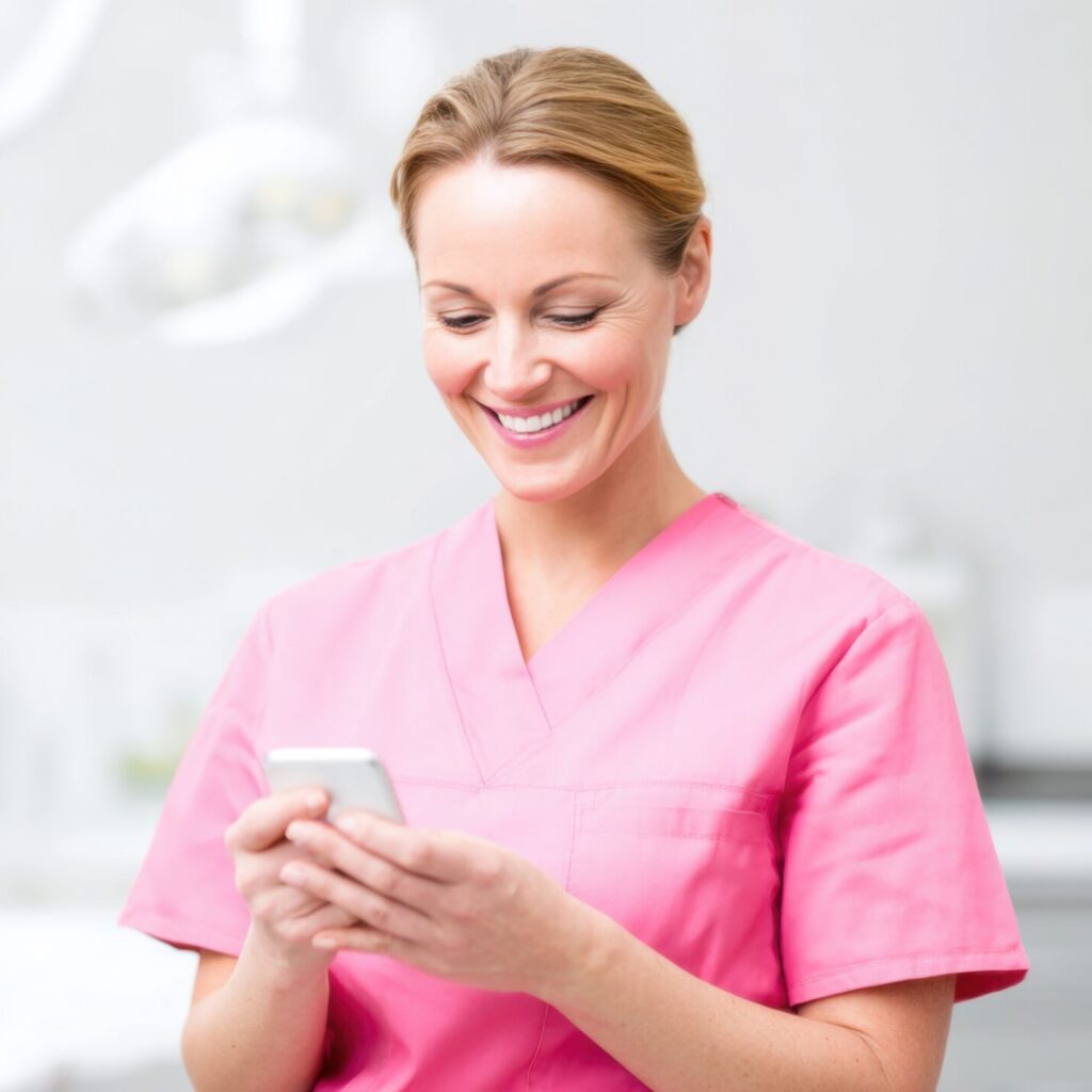 Happy dentist using phone in clinic for AI